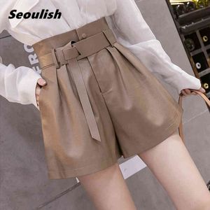 Seoulish Herbst Winter Schwarz PU Faux Leder frauen Schärpen Hohe Taille Breite Bein Shorts Elegante Weibliche Hosen