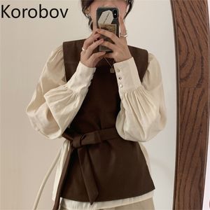 Korobov Korean Chic Office Lady Women Suits Vintage O Neck Lacing Vest and Casual Ruched Puff Sleeve Women Blouses 2 Pcs Sets 210430