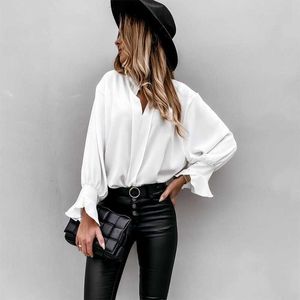 Summer Blouse Women Fashion V-neck Ruffle Long Sleeve Elegant Office Ladies Shirts Plus Size Casual Tops And Blouses Femme 210608