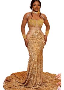 Aso Ebi 2021 Arabiska plusstorlek Mermaid Luxurious Gold Prom Dresses High Neck Beaded Sequined Evening Formal Party Andra receptionen klänningar klänning zj660
