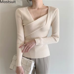 Coreano elegante com decote em v de malha pullover tops Mulheres Assimétrica Manga Longa Slim Basic Senhoras Sexy Sweater Jumpers Femme 210513