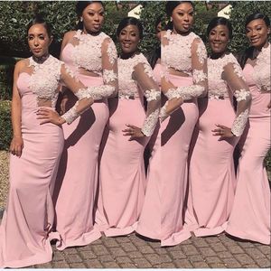 Mermaid Blush Pink Bridesmaid Dresses One Shoulder Long Sleeve Lace Appliques Illusion Party Wedding Guest Gowns Maid Of Honor Dress