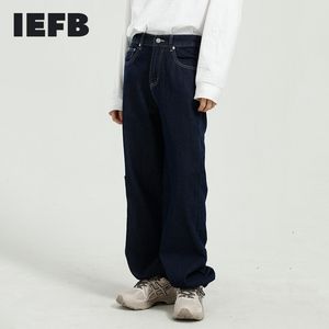 IEFB Herrkläder Koreanska Mode Loose Side Pocket Design Solid Färg Mörkblå Jeans Spring Denim Trousers 9Y5810 210524