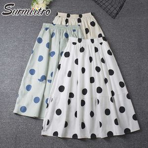 Surmiitroファッション夏のミディロングスカート女性韓国風白いドットミッドレングスハイウエストAラインスカート女性210712