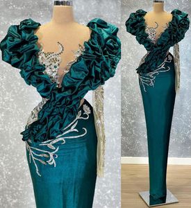 2022 Plus Size Arabic Aso Ebi Hunter Green Sheath Prom Dresses Beaded Ctystals Lace Evening Formal Party Second Reception Gowns Dress ZJ374