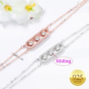 Women 925 Sterling Silver Charm Bracelet Sliding 3 Bead Geometric Cubic Zirconia Double Layers Chains Adjustable Friendship Birthday Gift