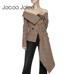 JOCOO Jolee Kapalı Omuz Ekose Blazer Kadın Ceket Slash Boyun Uzun Kollu Düzensiz Hem Artı Boyutu Kadın Mont Sonbahar Moda 210619