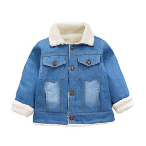 2021 Winter Baby Girls Jeans Jacket Blue Denim Plus Velvet Thicken Warm Kids Boys Outerwear Coats Infant Baby Christmas Clothing H0909