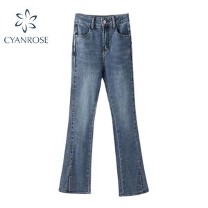 Blue Flare Pants Women Hem Split Design Y2K Retro Elegant Korean Stylish Jeans Trousers Female High Waist Slim OL Casual Clothes 210417