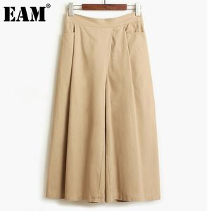 [Eam] Bolsos Assimétricos Alta Elastic Wide Leg Cintura Calças Solto Ancinho-Comprimento Calças Mulheres Primavera Verão 1d8198 210512