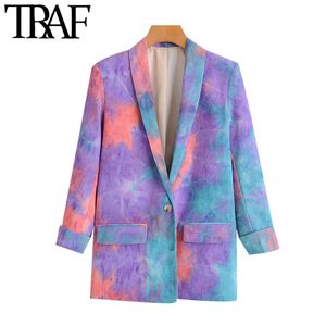 TRAF女性ファッションシングルボタンタイ色のブレザーコートビンテージ長袖ポケット女性の上着シックトップ210415