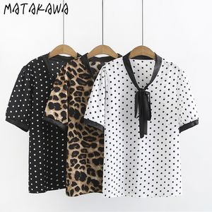 Matakawa Leopard Print Blusa Mujer 폴카 도트 여성 블라우스 느슨한 캐주얼 레이스 V 넥 셔츠 반팔 쉬폰 여성 셔츠 210513