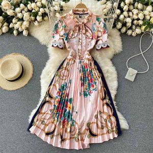 Women Fashion Embroidery Crochet A-line Dress Round Neck Bow Short Sleeve Slim Pleated Elegant Clothes Vestidos R329 210527