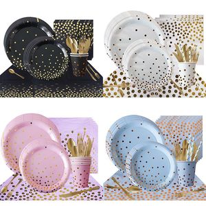 Party Decoration Gold Foil Dot Black White Pink Blue Tableware Paper Cup Plate Napkins Straw Baby Shower Kids Birthday Supplies