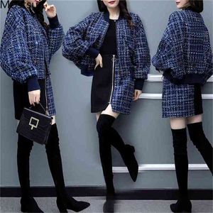 Höst Blå Tweed Två Piece Sets Outfits Kvinnor Plus Storlek Coat och Mini Skirt Passar Elegant Fashion Casual 2 210513