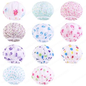 Waterproof Bath Hat Stretch Lace Edge Thickened Shower Cap Polka Dot Flower Pattern Elastic Hair Cover Bathroom Supplies