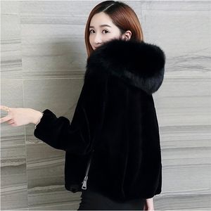 Faux Fur Coat With Hood Fashion Slim Black Faux Fur Jacket Fake Rabbit Fur 211110