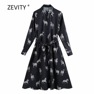 Kobiety Eleganckie Zwierząt Drukuj Koszula Sukienka Office Lady Odwróć Kołnierz Zebra Pattern Bow Drawes Sashes Vestido Chic Dresses DS4140 210420