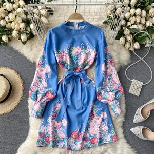 SINGREINY Women Court Wind Print Dress Retro Puff Sleeve O Neck Balt A-line Dresses Spring Fashio Streetwear Blue Short Dress 210419