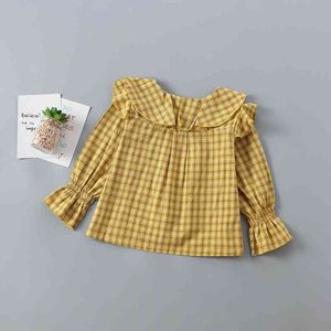2-7-летний Высокое качество Девушка Одежда Осень Повседневная Мода Малыш Детская Рубашка Одежда Сплошная клетчатая Блузка 210615