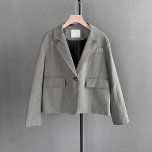 Женский высококачественный сыпучий куртка Проверьте короткие дамы Blazer ретро элегантный офис маленький костюм ткань 210527