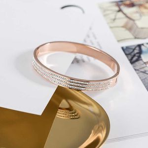 Yun Ruo 2019 Fashion Three Rows Crystal Bangle Rose Gold Color Titanium Steel Jewelry Woman Birthday Gift Never Fade Drop Ship Q0717