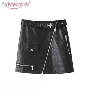 Aelegantmis Summer Office Lady Black Pu Leather Skirt Women Elegant High Waist Zipper Mini Casual A-line Short 210607