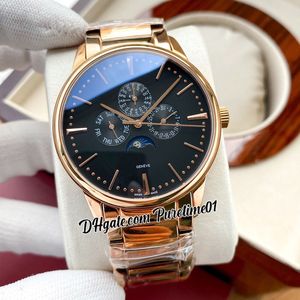 Patrimony Perpetual Calenda 43175 A21J Automatisk Mens Watch Moon Fase Rose Gold Black Dial Blue Stick Rostfritt Stål Armband Klockor 5 stilar Puretime01 E157D4