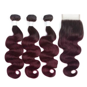Brazilian Body Wave Ombre Weave 3 buntar med 4 * 4 Lace Closure Deals 1b 27 30 99J Burg Bundle Pre-Colored Burgundy Red Brown Blonde Ombre Human Hair Extensions