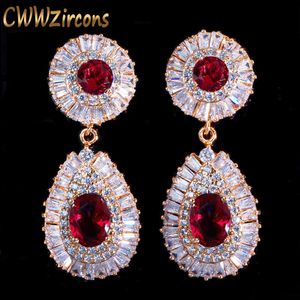 Light Yellow Gold Color Full Square And Round Cubic Zirconia Pave Drop Wedding Earrings with Red Crystal CZ319 210714