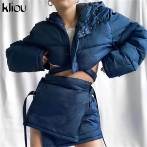 Kliou Biker Style Set due pezzi Gonna donna Autunno High Street Addensare Top manica lunga con cappuccio + Fasciatura solida dritta 220302