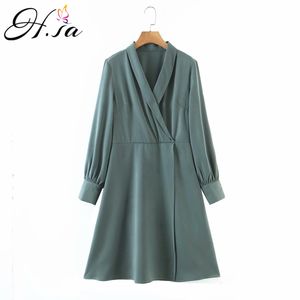 H.SA European Fashion Women Long Sleeve Elegant Notched Collar Formal Ankle Length Dress Army Green Solid OL Vestidos 210417