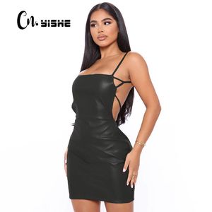 CNYISHE Sexy Pu Leather Spring Dress Women Mini Backless Bodycon Dresses Party Elegant Warp Hip Spaghetti Strap Female Robe 210419