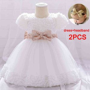 2021 Vit Sequin Baby Girl Dress First Birthday Dress for Girl Chopening Big Bow Party Wedding Princess Dresses 3-24 Månad G1129