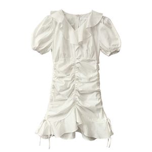 Talvez U Violet White Ruffle Manga Curta Mini Vestido Casual Cordão Sólido Verão Mulheres Feminina D1770 210529