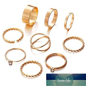 1 uppsättning / 9 st Punk Gold Ring Ställer Geometriska Round Knuckle Joint Rings Ställ Kristall Twist Weave Finger Ring Kvinnliga Smycken Presenter