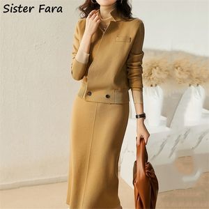 Sister Fara Primavera Autunno Maglione lavorato a maglia Cardigan Cappotto Gambe larghe Pantaloni Mezza gonna Abito in lana a due pezzi da donna 220315