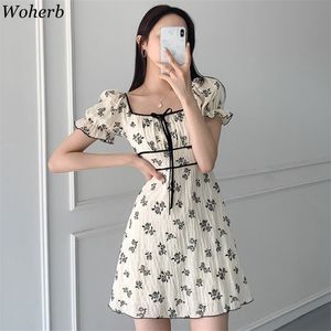 Koreański elegancki suknia elegancka kwadratowa szyja luce-up flare vestidos mujer krótki rękaw lato vintage mini sukienki dla kobiet 210519