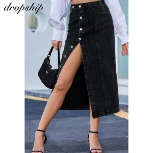 Women's Button A-line Side Split High Waist Denim Skirt Office Lady Black Blue Midi Jean Skirts Autumn Winter Long