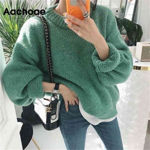 Aachoae tröja kvinnor Autumn Winter Solid O Neck Pullover Sweaters Korean Style Sticked Long Sleeve Jumpers Casual Tops 210917