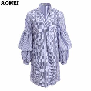 Blue Striped Shirt Dress for Women Peplum Plus Size 3XL Tunics Summer Fall Office Ladies Dresses Robe Gowns Top Blusas 210416