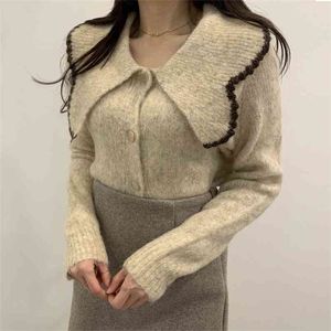 Autumn Winter All-match Lapel Contrast Color Chic Button Jacket Women's Warm Short Knitted Cardigan Sweater UK776 210507