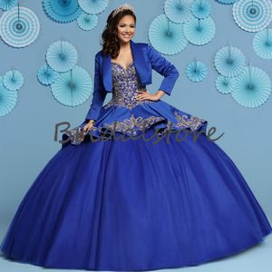 Sweet 15 Royal Blue Two Piece Quinceanera Dresses Mexican With Jacket Spaghetti Straps Sweetheart Fluffy Ball Gown Burgundy Prom Dress For Night Evening Wear