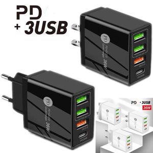 Fast Quick Charging PD USB C Wall Charger 4 Ports QC3.0 36W Type c Power Adapter For Iphone 12 13 14 15 samsung Huawei Android phone with box