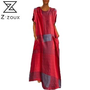 Women Dress Short Sleeve Plaid Maxi es Retro Cotton Linen Ladies es Loose Long Plus Size Summer 210524