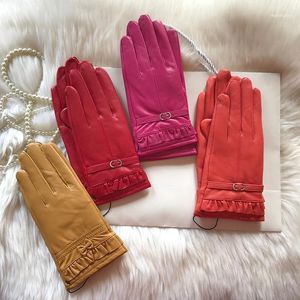 Senhoras luvas de couro de ovelha de veludo outono inverno quente botão laço curto estilo curto moda amarelo laranja atacado1