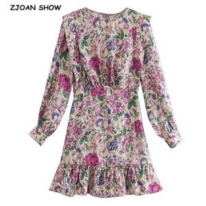 Retro Purple Flower Print Stitching Ruffles Ruched Waist Long sleeve Like Silk Short Dress Woman French Mini Tea Dresses 210429