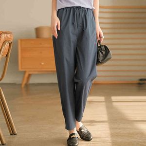 Johnature Women Solid Color Cotton All-match Straight Pants Summer Casual Loose Simple Elastic Waist Ankle-Length Pants 210521