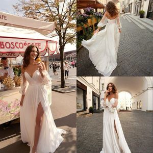 Wedding Boho Beach Dresse Bridal Gown with Detachable Long Poet Sleeves 3D Floral Applique Side Slit Chiffon Pleats Ruched Vestidos De Novia 403