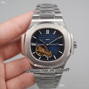 2022 5711 Tourbillon Automatic Mens Watch Stålfodral Blå Texturerad Dial Stick Markörer Rostfritt Stål Armband 8 Stilar Klockor Puretime01 E20SS-G7